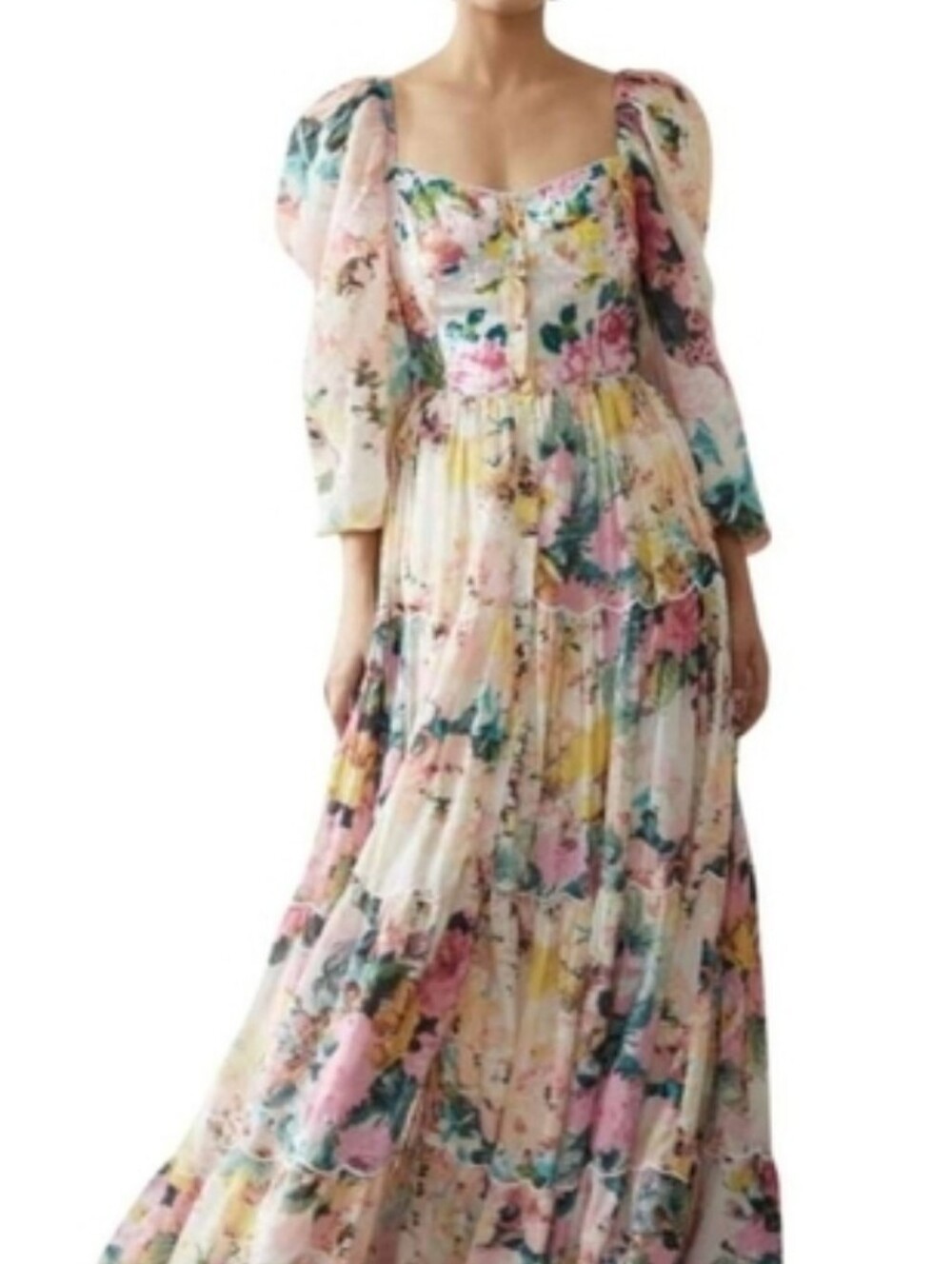 HEMANT & NANDITA Pastel Floral Sheer Maxi Dress in Pink, Blue, Yellow XS NWT - Picture 4 of 12